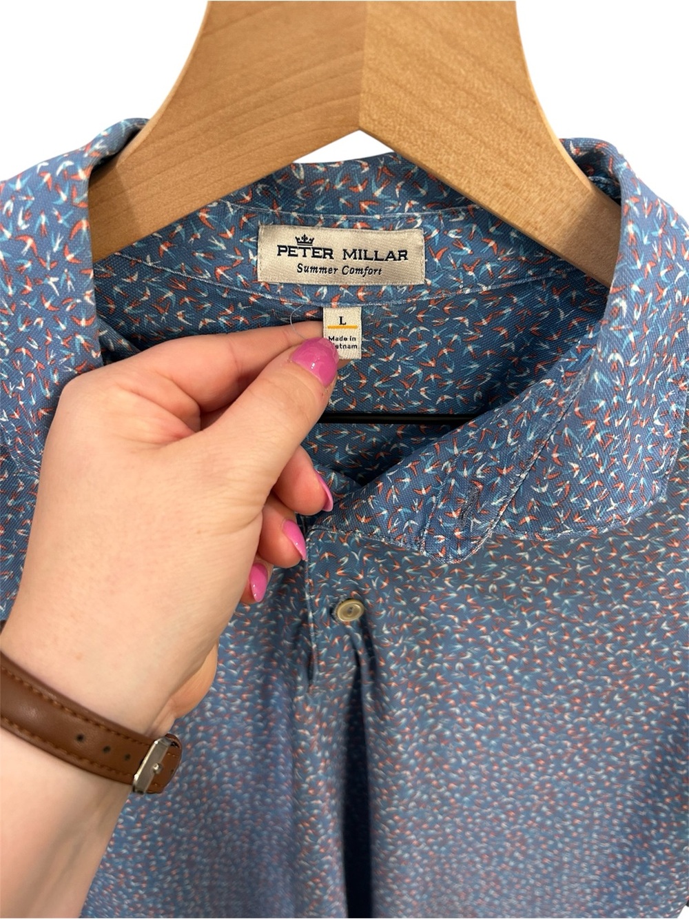 Peter Millar Summer Comfort Polo Shirt Blue Print Performance Golf Size L - Picture 2 of 5